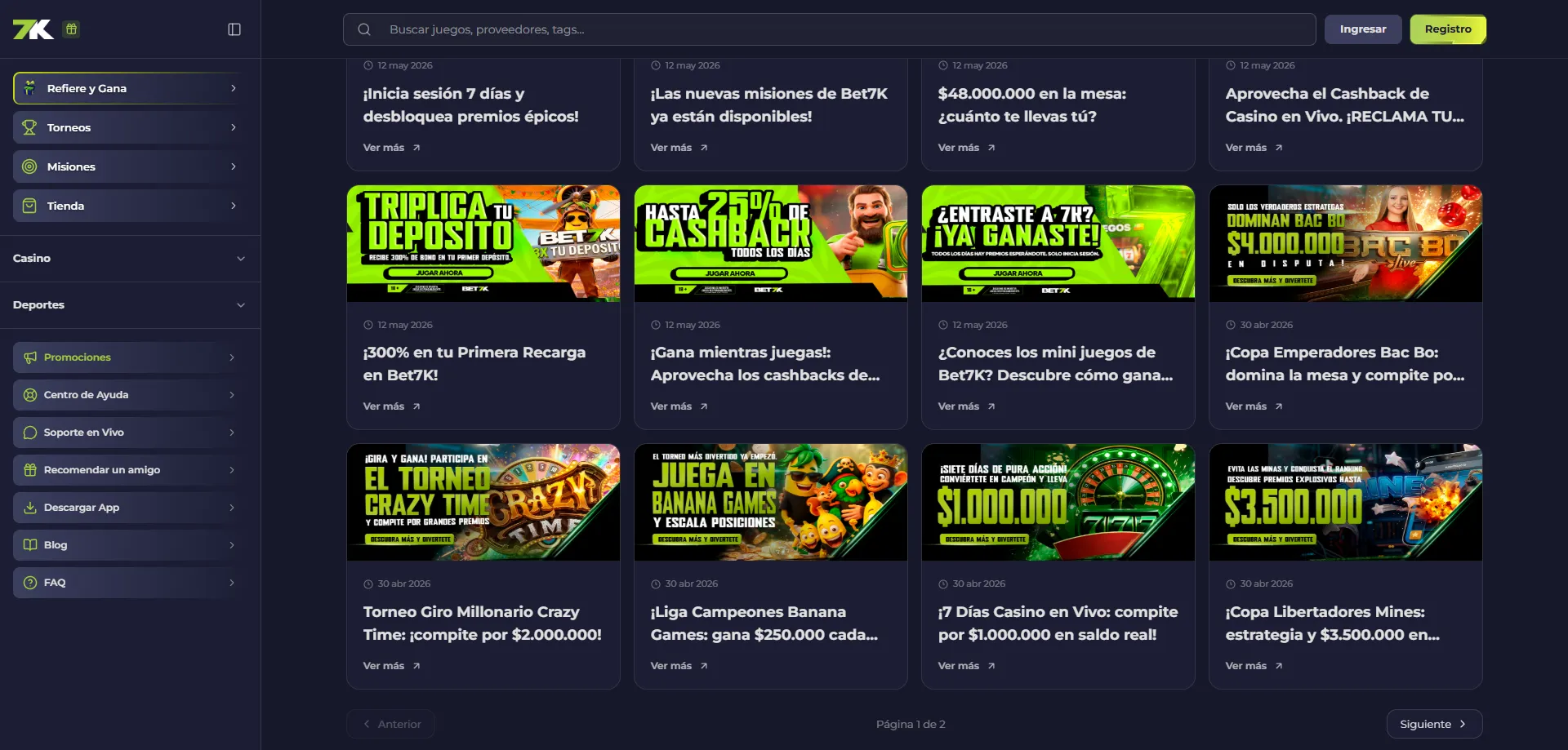 Promociones y cupones Bet7k Casino — cashback y programa VIP
